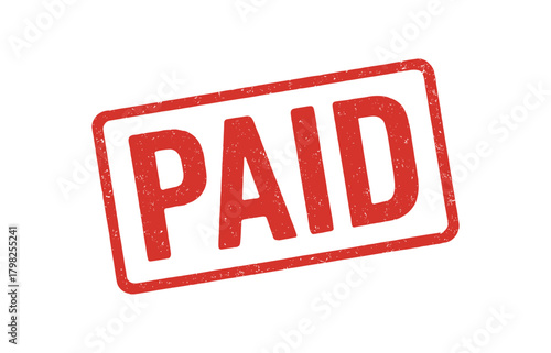 Red rubber stamp text PAID rectangular outline bold capital letters distressed texture rotation isolated on white background vector illustration clean minimal style