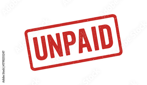 Red rubber stamp text UNPAID rectangular outline bold capital letters distressed texture rotation isolated on white background vector illustration clean minimal style