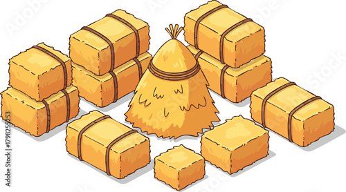 Isometric cartoon illustration of stacked rectangular hay bales and a conical hay stack on a white background, perfect for farming games or agricultural concepts