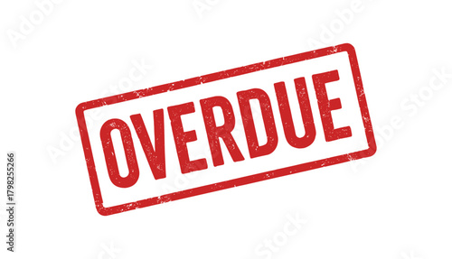 Red rubber stamp text OVERDUE rectangular outline bold capital letters distressed texture rotation isolated on white background vector illustration clean minimal style
