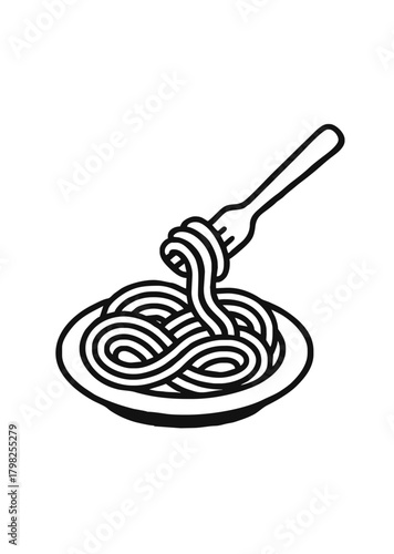 Spaghetti on a fork icon showing pasta twirled on plate in bold minimalist line style for food and cooking graphics
