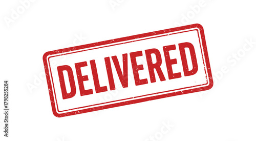 Red rubber stamp text DELIVERED rectangular outline bold capital letters distressed texture rotation isolated on white background vector illustration clean minimal style