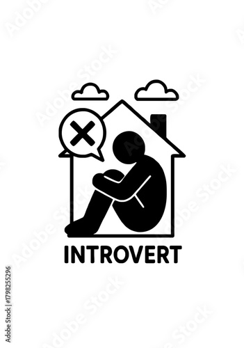 Introvert icon showing person sitting alone inside house with speech bubble and clouds in minimalist expressive outline style
