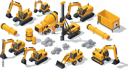 Isometric collection of yellow construction machinery and equipment, featuring excavators, a concrete mixer, and a drilling rig, perfect for civil engineering concepts