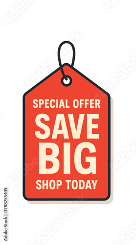 Flat vector tag design top text SPECIAL OFFER main text SAVE BIG bottom text SHOP TODAY bold red hanging tag with shadow outline