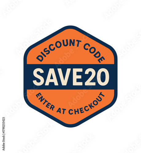 Flat vector badge design top text DISCOUNT CODE main text SAVE20 bottom text ENTER AT CHECKOUT rounded hexagonal badge with orange and navy palette