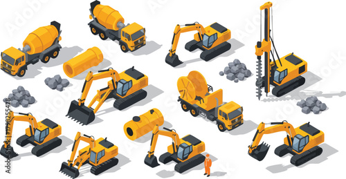Isometric construction equipment set including excavators, cement trucks, and drilling machines