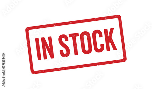 Red rubber stamp text STOCK rectangular outline bold capital letters distressed texture rotation isolated on white background vector illustration clean minimal style