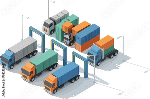 Isometric illustration depicting a logistics hub with various container trucks and loading gates