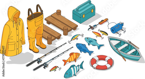 Isometric fishing gear illustration. Features boat, fishing rods, tackles, fisherman outfit, and life preserver. Illustrates sport fishing concept