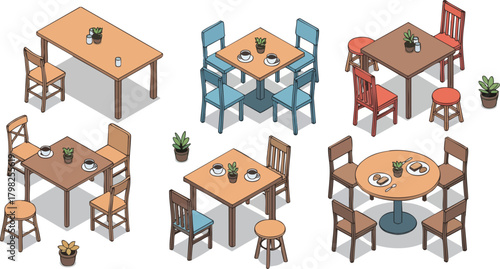 Isometric illustration collection of various cafe and restaurant dining sets including tables, chairs, and stools for interior design
