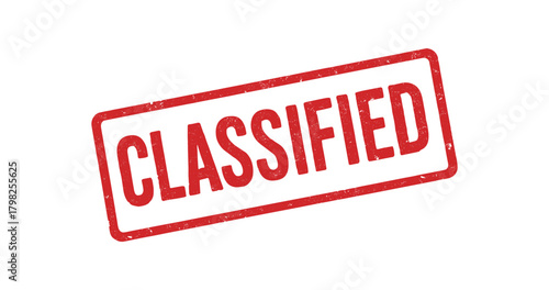 Red rubber stamp text CLASSIFIED rectangular outline bold capital letters distressed texture rotation isolated on white background vector illustration clean minimal style