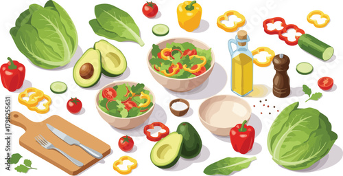 Isometric illustration depicting fresh ingredients for healthy salad preparation, including lettuce, avocado, peppers, and dressing ingredients on a white background