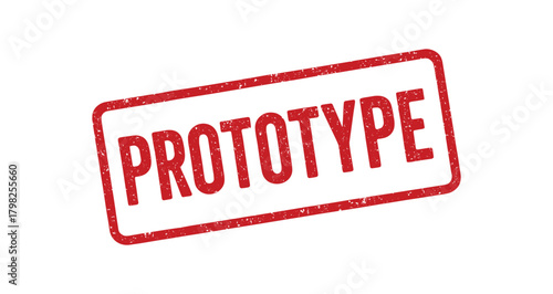 Red rubber stamp text PROTOTYPE rectangular outline bold capital letters distressed texture rotation isolated on white background vector illustration clean minimal style