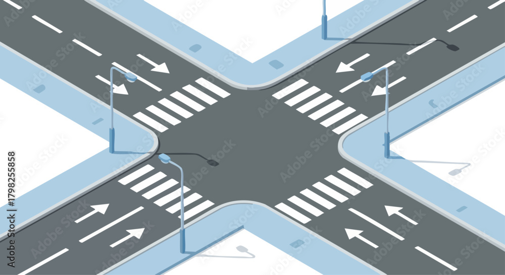 Obraz premium Isometric illustration of a clean four-way road intersection with crosswalks and streetlights on a white background