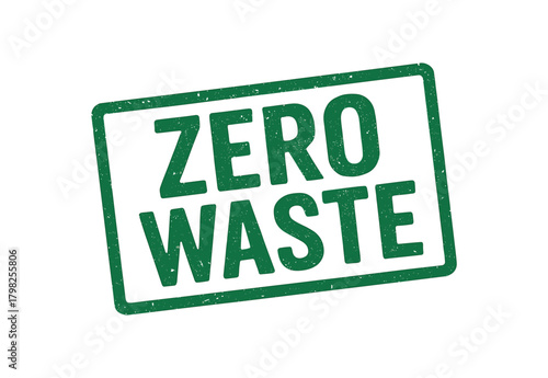 Green rubber stamp text ZERO WASTE rectangular outline bold capital letters distressed texture rotation isolated on white background vector illustration clean minimal style