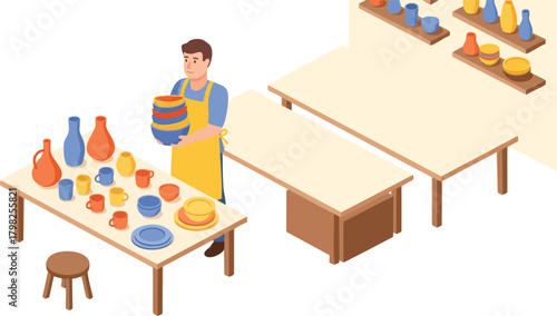 Isometric illustration of a cheerful male potter in a bright yellow apron organizing colorful finished ceramic ware in a clean workshop setting