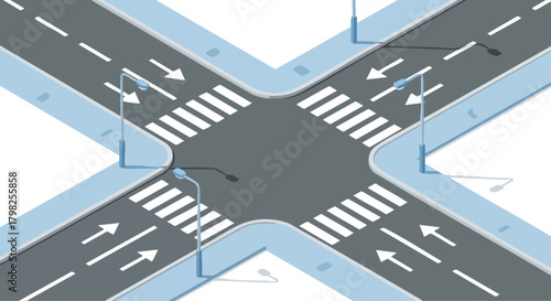 Isometric illustration of a clean four-way road intersection with crosswalks and streetlights on a white background