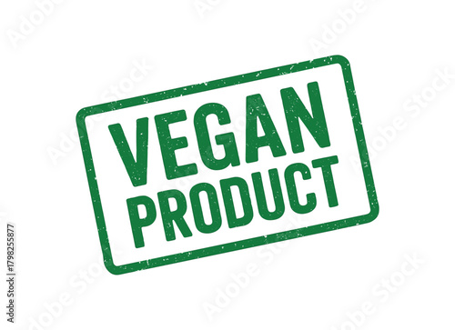 Green rubber stamp text VEGAN PRODUCT rectangular outline bold capital letters distressed texture rotation isolated on white background vector illustration clean minimal style