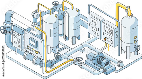 Isometric illustration of a complex industrial system featuring pipelines, tanks, control panels, and a pump