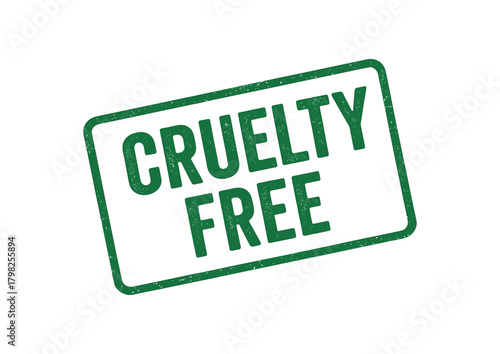 Green rubber stamp text CRUELTY FREE rectangular outline bold capital letters distressed texture rotation isolated on white background vector illustration clean minimal style