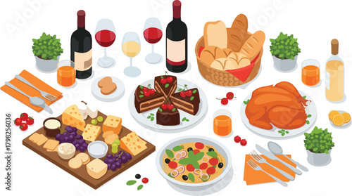 Isometric illustration of a festive dinner spread with roasted turkey, charcuterie, pasta, wine, and dessert