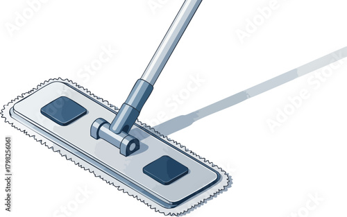 Isometric illustration of a flat microfiber dust mop head with a handle on a clean white background, perfect for cleaning concepts