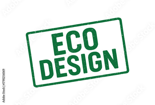 Green rubber stamp text ECO DESIGN rectangular outline bold capital letters distressed texture rotation isolated on white background vector illustration clean minimal style
