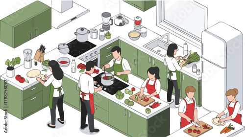 Isometric illustration of a group of people preparing food in a kitchen