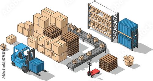 Isometric illustration of a modern warehouse scene with a forklift, conveyor belt, stacked boxes, pallets, shelving, and shipping containers