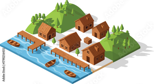 Isometric illustration of a waterfront village with wooden houses, piers, boats, and green hills