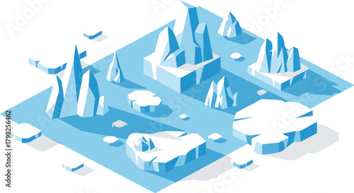 Isometric illustration of an arctic landscape with icebergs and ice floes. The scene captures the cold, harsh environment of the polar regions