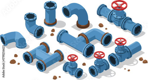 Isometric illustration of blue pipes with red valves on a white background