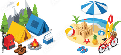 Isometric illustration of camping and beach vacation elements. Camping scene includes tent, campfire, backpack and cooler