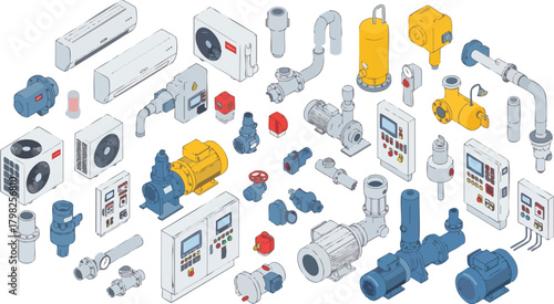 Isometric illustration of HVAC and plumbing equipment set on white background