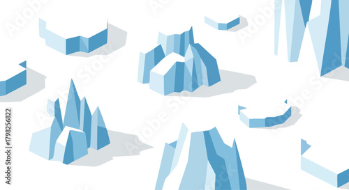 Isometric illustration of icebergs on a white background. This design features a flat, minimalist style