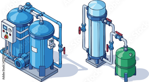Isometric illustration of industrial water filtration equipment