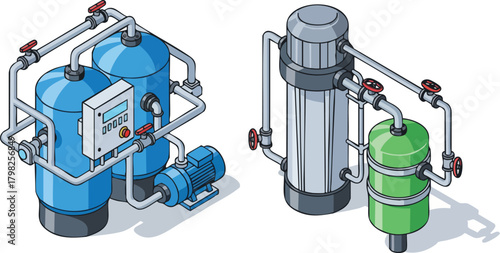 Isometric illustration of industrial water treatment systems, featuring filtration tanks, pumps, control panels, and piping for fluid processing