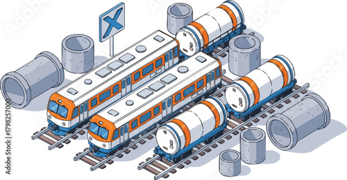 Isometric illustration of trains carrying cylindrical cargo and construction pipes arranged on railway tracks