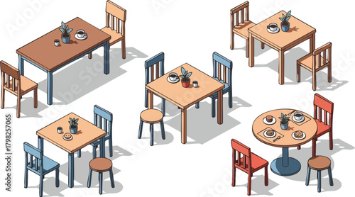 Isometric illustration of various cafe and restaurant seating arrangements, including square and round tables with colorful chairs and stools