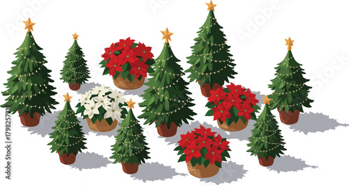 Isometric illustration set of various potted Christmas trees with lights and poinsettia plants in red and white for holiday decoration design elements