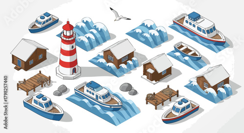 Isometric seaside illustration with lighthouse, boats, houses and pier. This serene scene evokes a sense of coastal charm and summer adventure