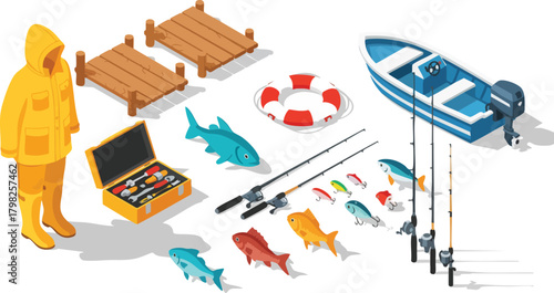 Isometric set of fishing gear and water recreation items, including a motorboat, fishing rods, dock pieces, lifebuoy, and waterproof clothing