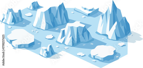 Isometric vector illustration depicting melting icebergs on a polar landscape