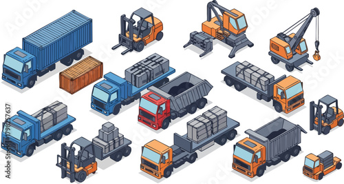 Isometric vector illustration featuring various logistics and construction vehicles like trucks, forklifts, and cranes