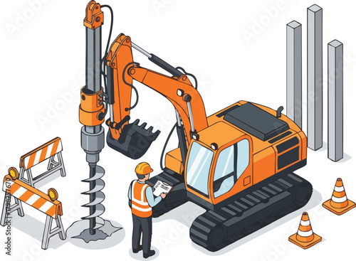 Isometric vector illustration of a construction worker overseeing an orange piling rig on a building site