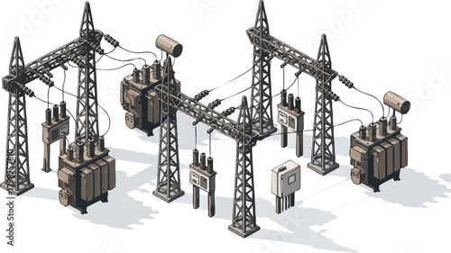 Isometric vector illustration of an electricity substation with transformers, power pylons, and switchgear