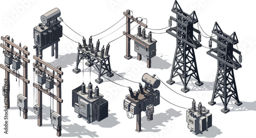 Isometric vector illustration of electrical power grid infrastructure. Shows utility poles, transformers, and high-voltage pylons