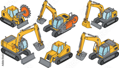 Isometric vector illustrations showing a set of yellow heavy machinery, including excavators, tracked loaders, and specialized construction equipment