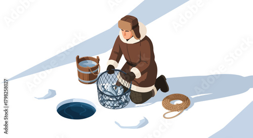 Isometric vector illustration shows an ice fisher in warm winter gear kneeling by a fishing hole. They hold a net of fresh fish